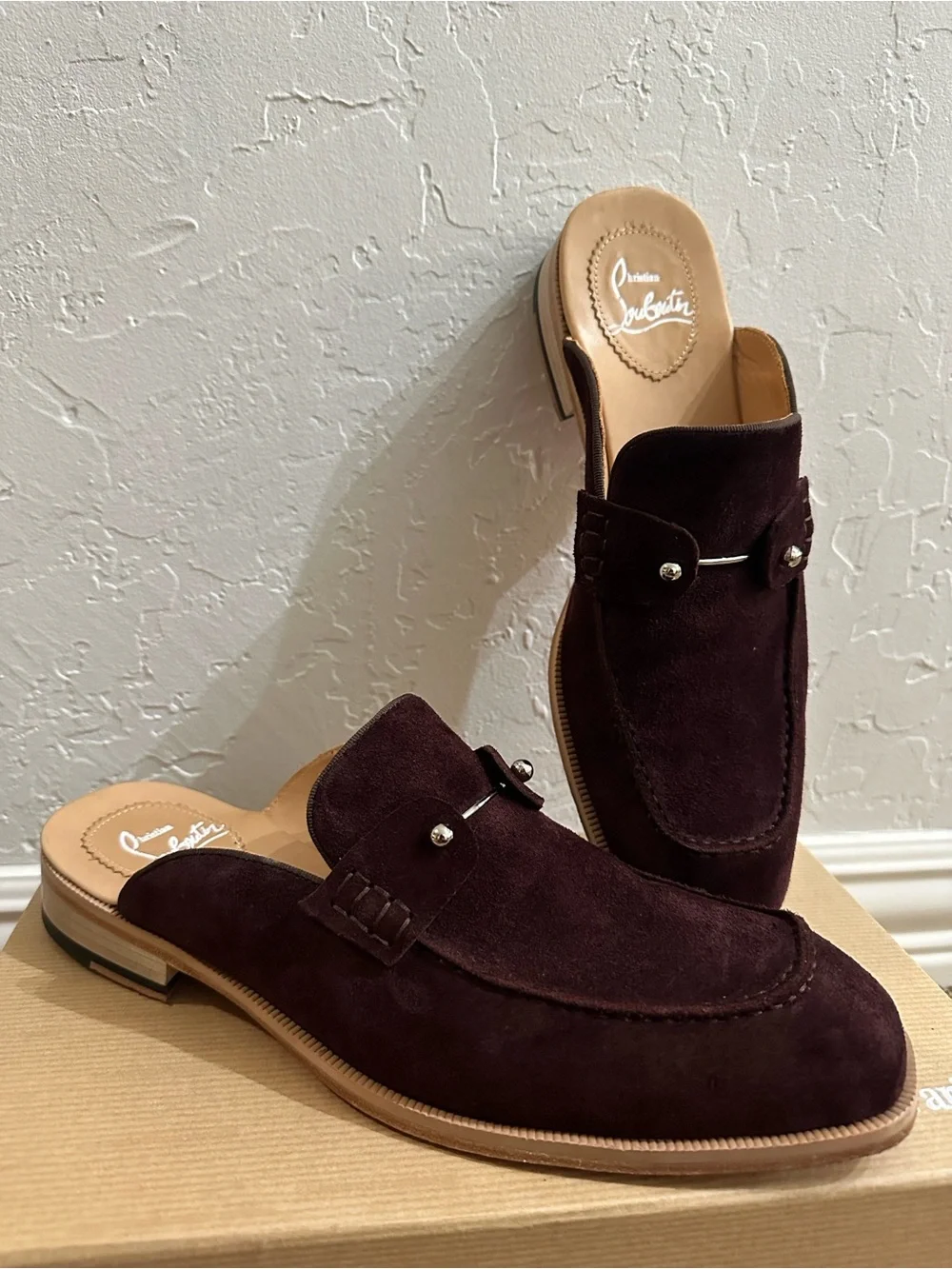 Christian Louboutin Men's Dark Brown Suede Slip-On Loafers with Silver Buckle